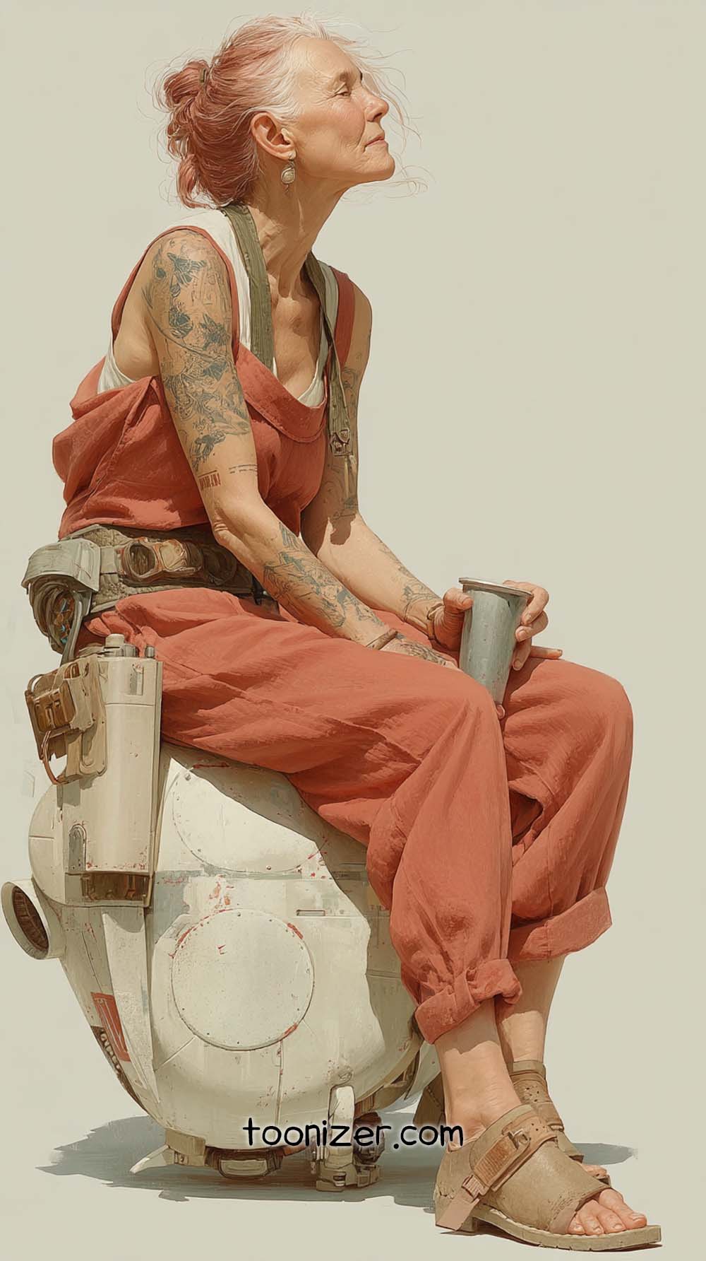 Tattooed woman in pink jumpsuit sits outdoors.