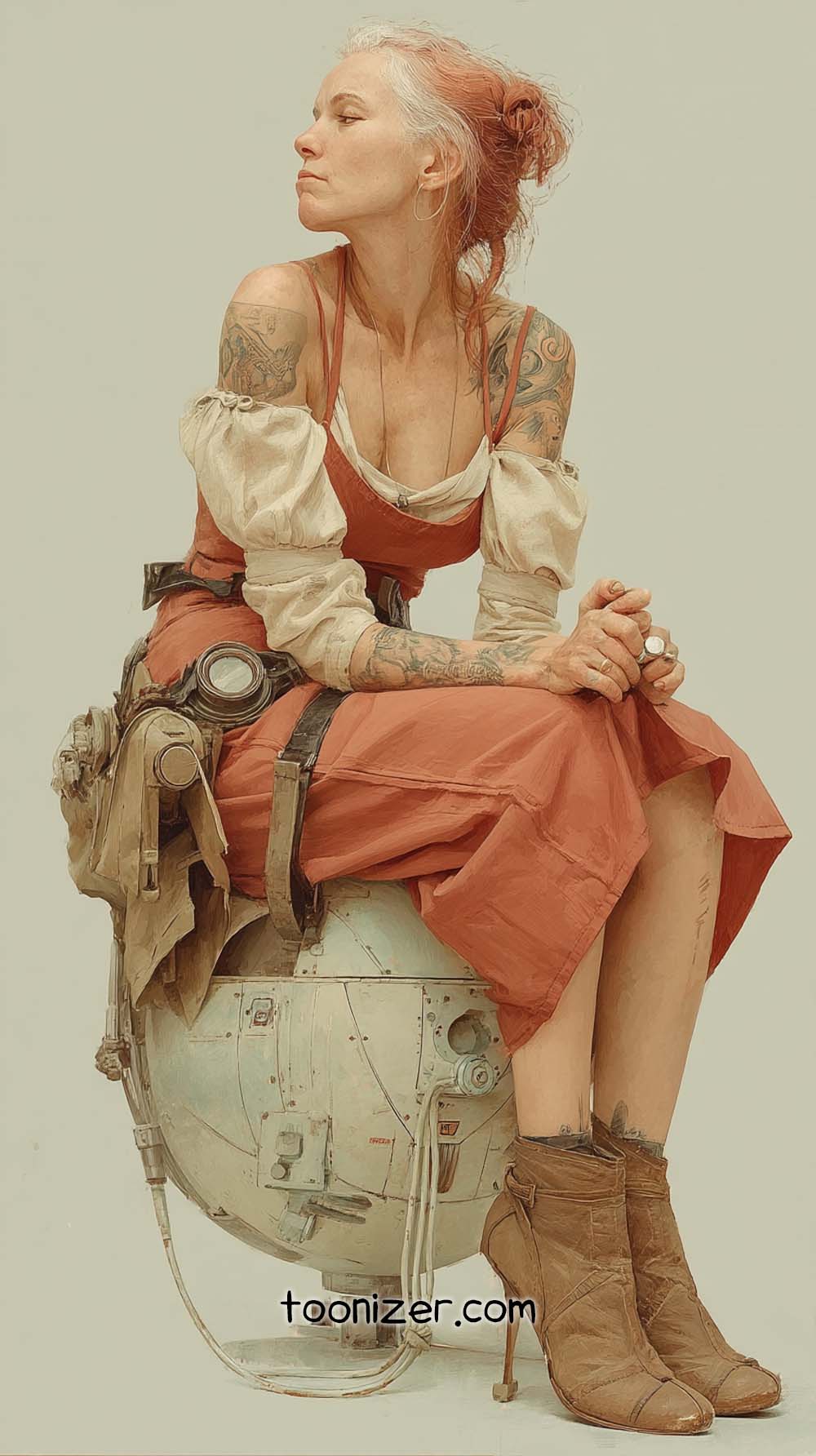 Woman sitting on spherical object in vintage attire.