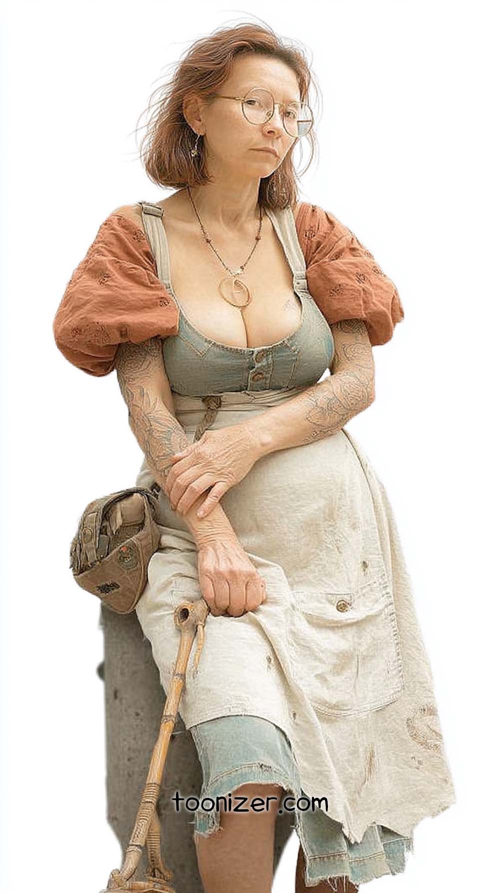 Stylish woman with tattoos and glasses sitting