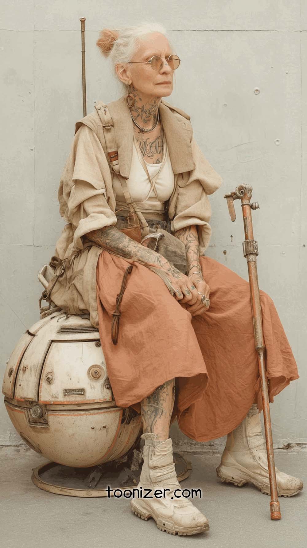 Elderly woman with tattoos in post-apocalyptic attire.