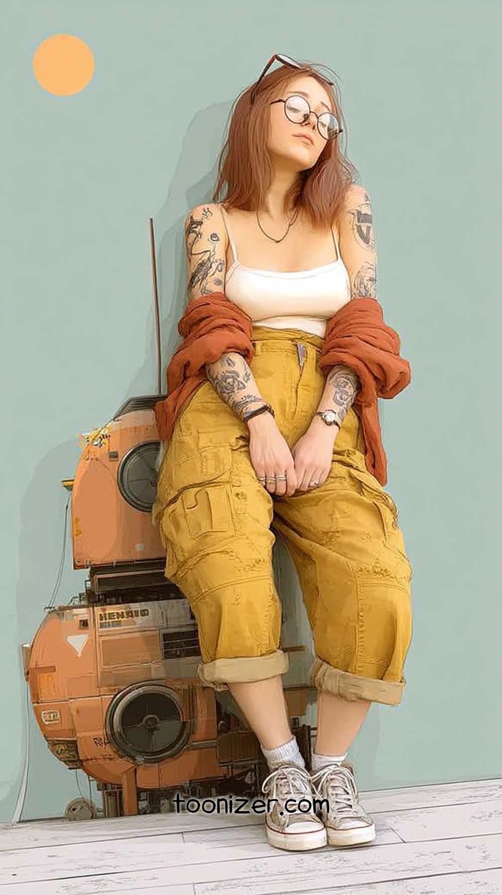 Stylish woman in casual attire with tattoos.