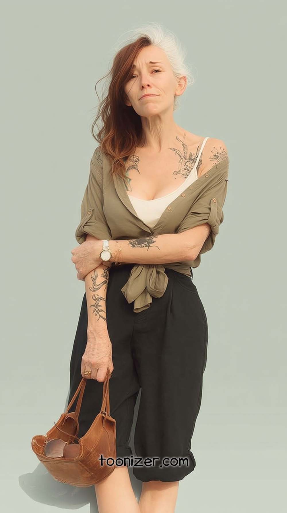 Woman with tattoos holding a brown bag.