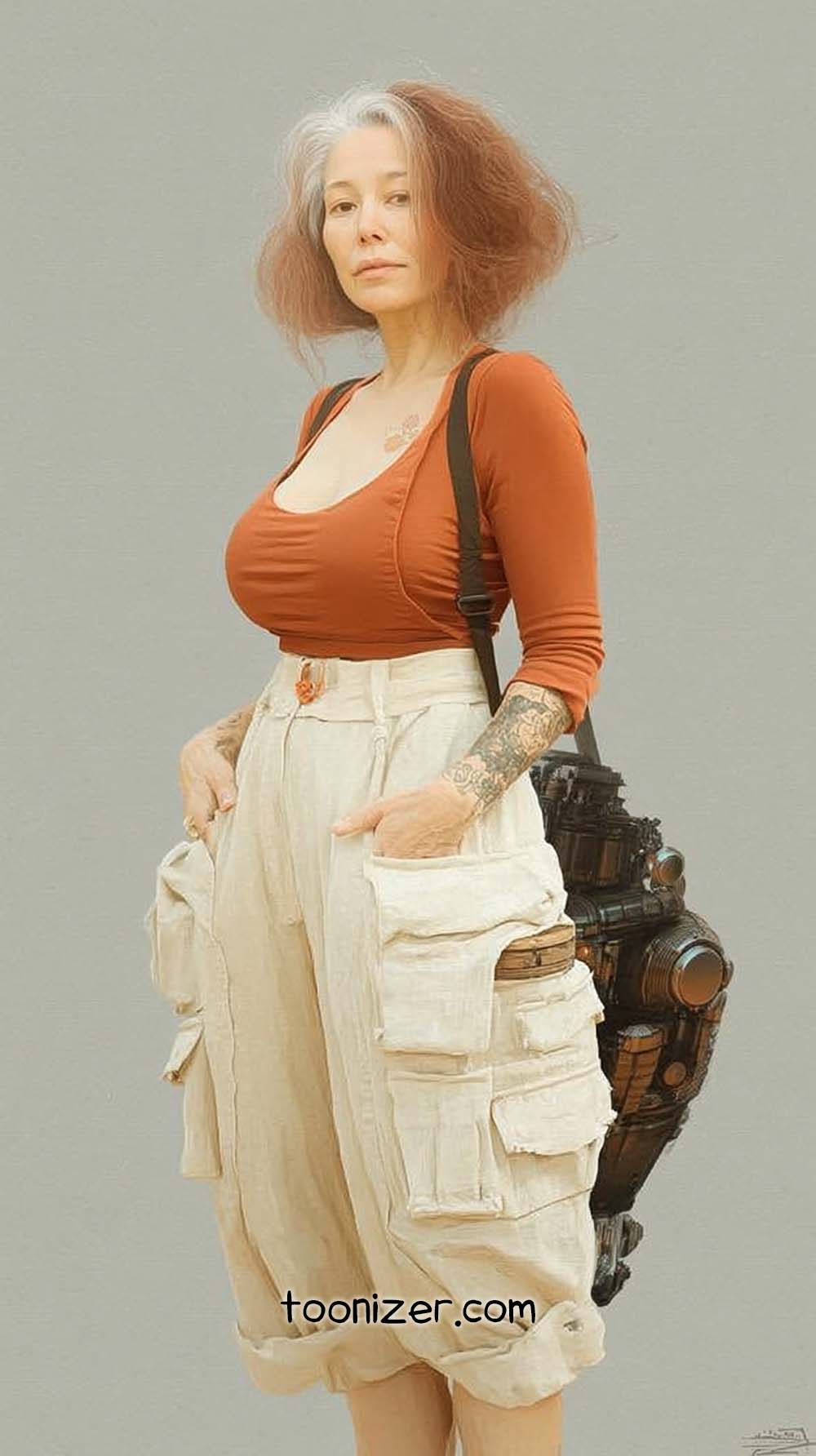 Woman with backpack and tattoos in casual attire.