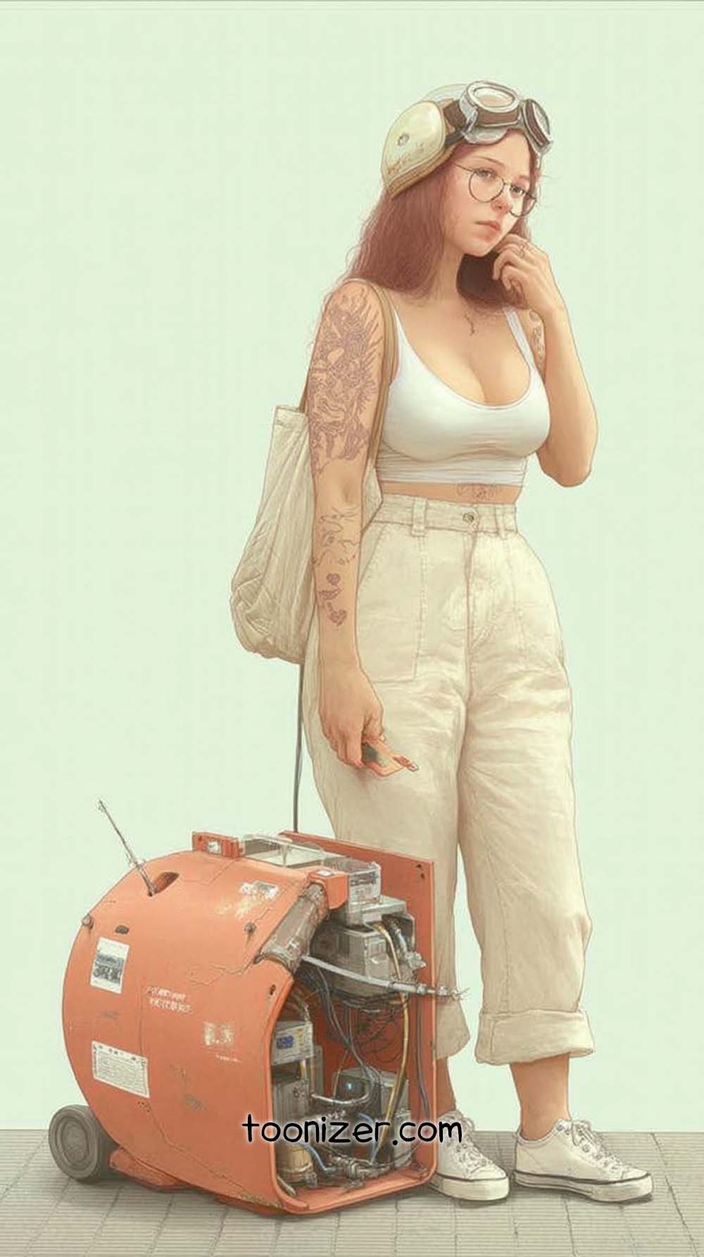 Steampunk woman with suitcase and tattoos