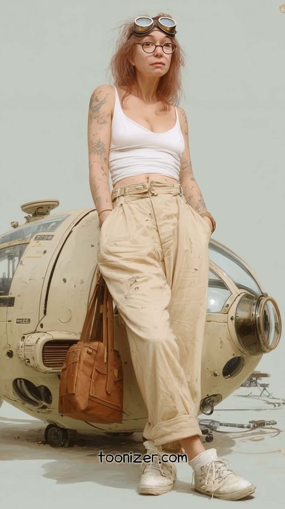 Woman in steampunk attire with vintage machine.