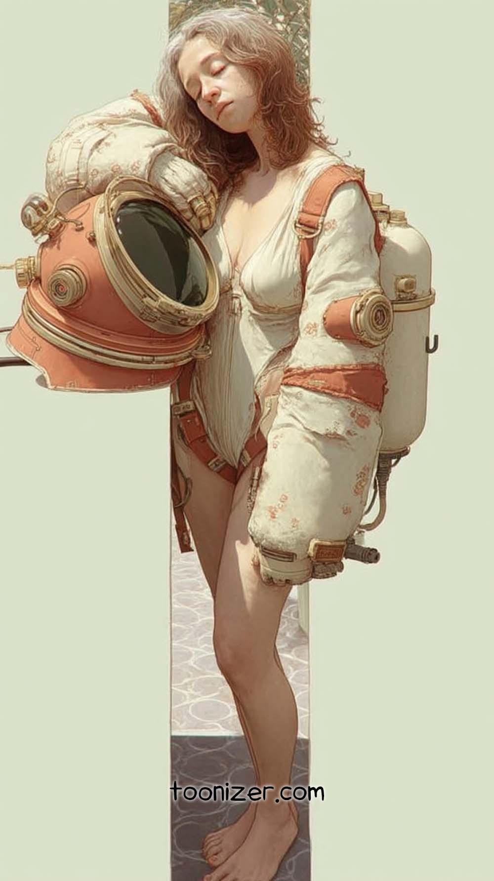 Woman in vintage diving gear resting