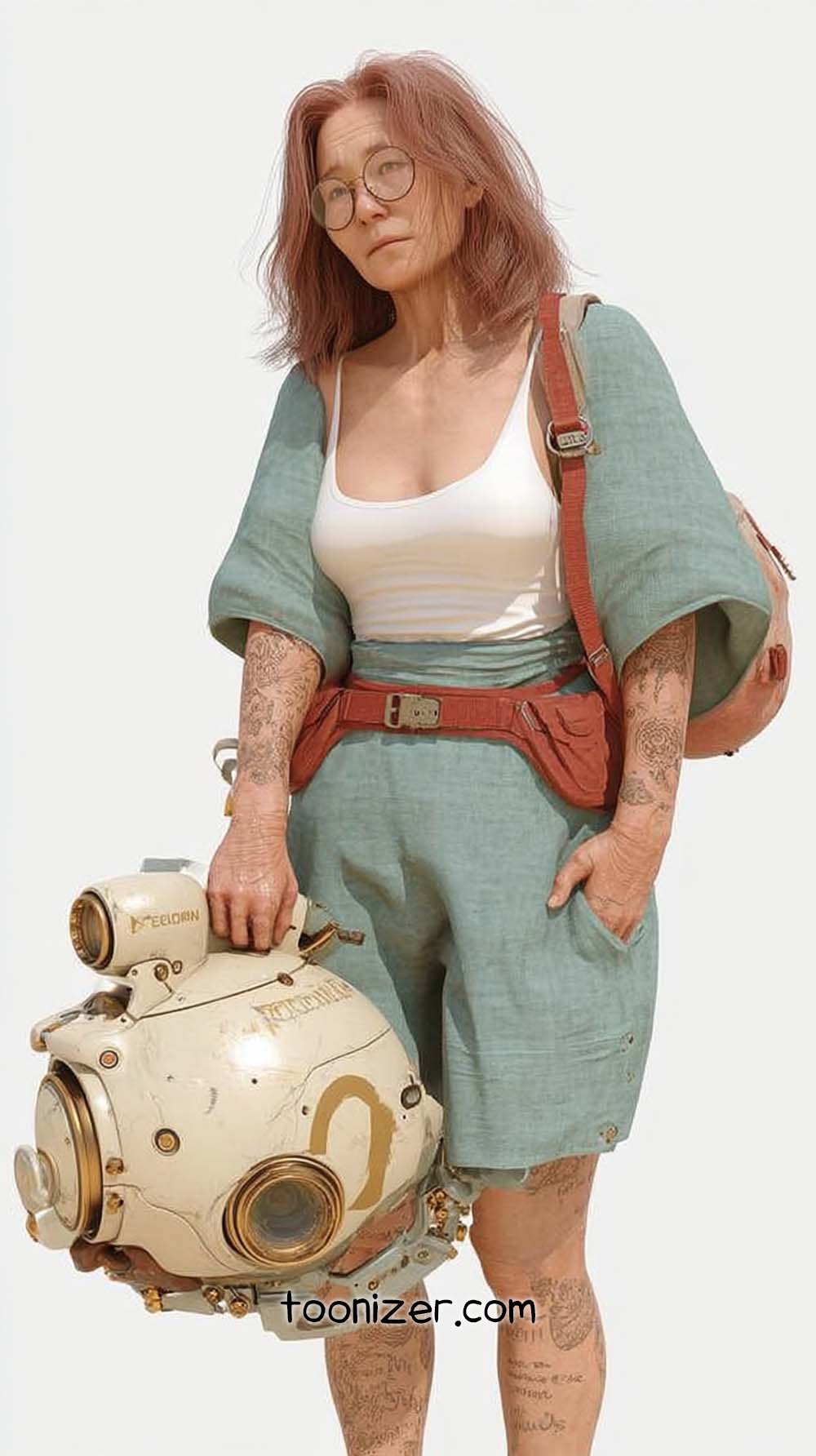 Woman holding vintage diving helmet, casual attire.