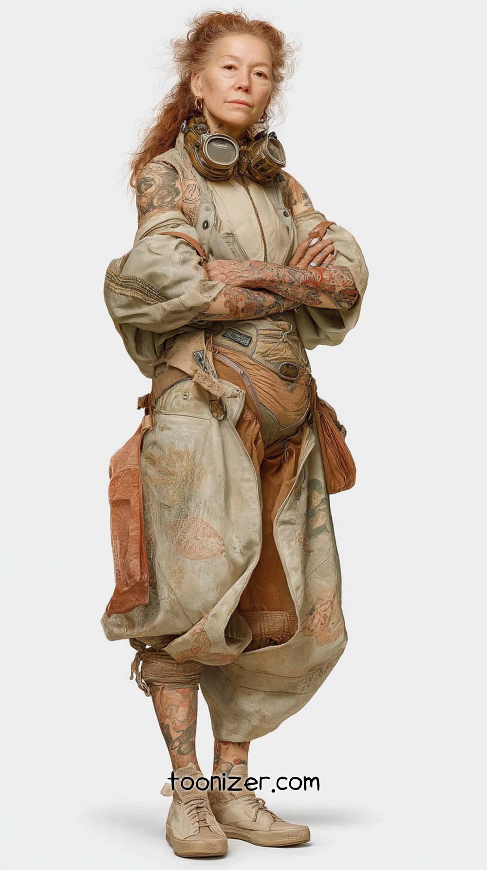 Elderly woman in steampunk fashion, arms crossed