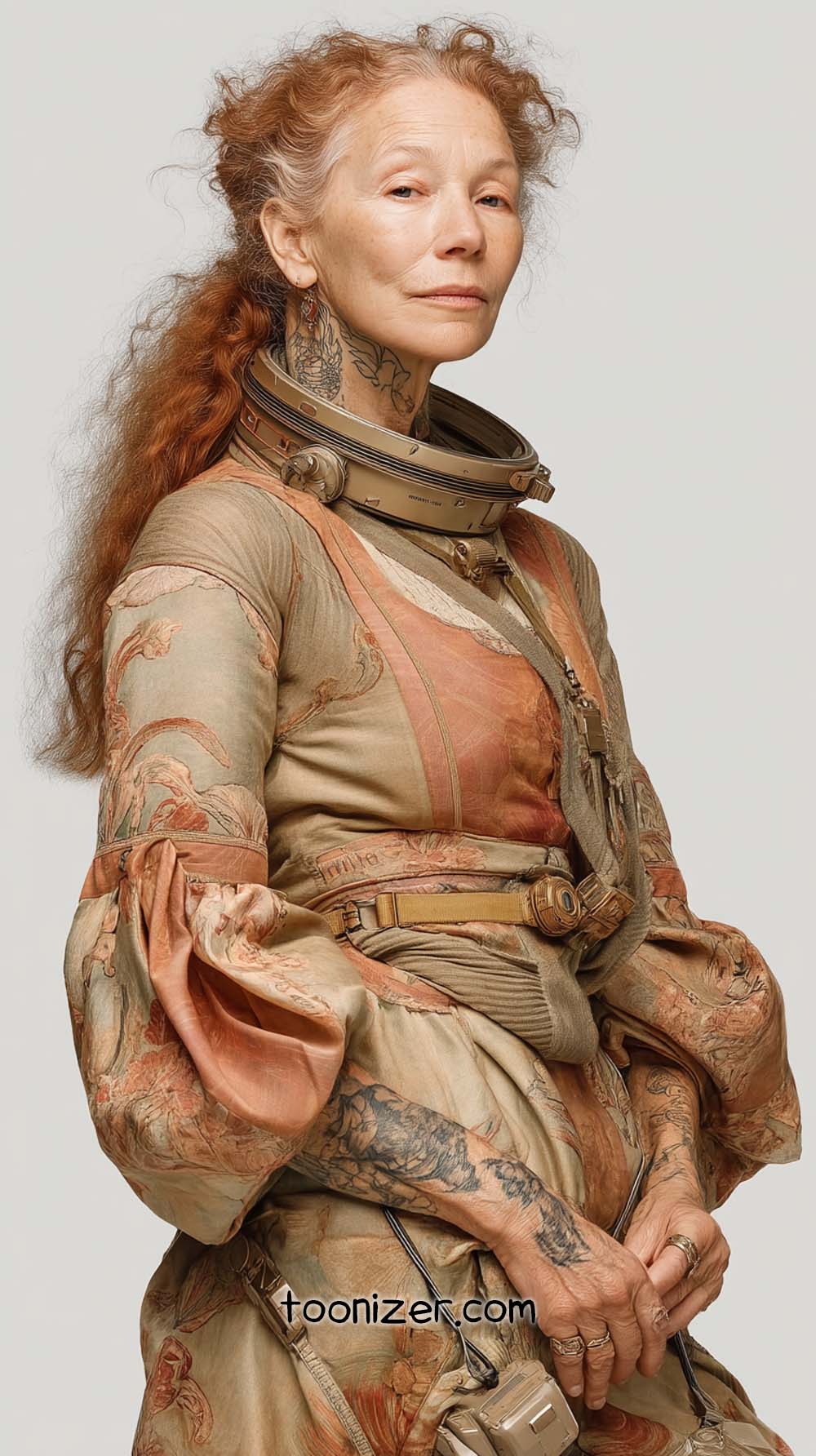 Elderly woman in detailed artistic attire.