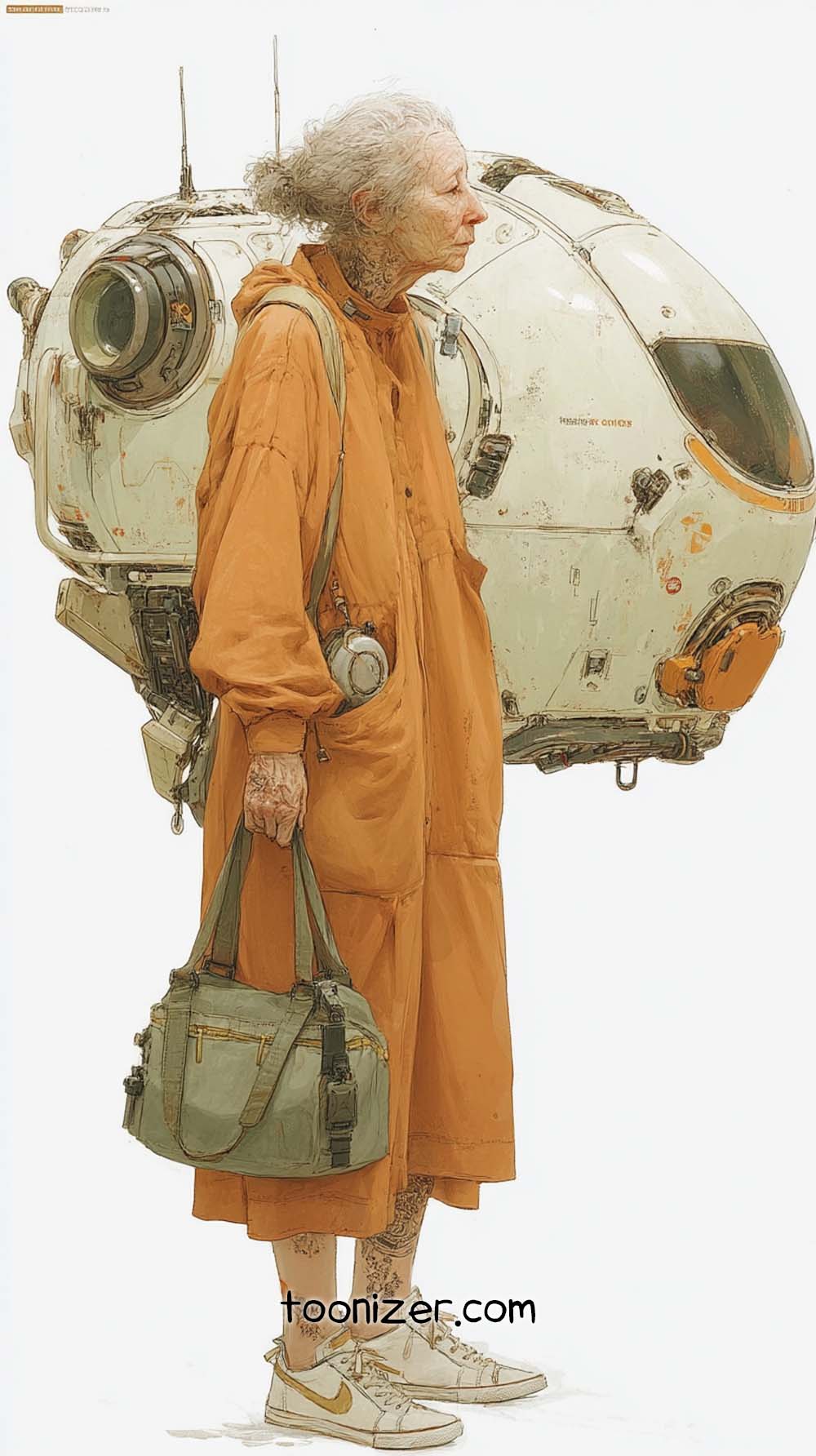 Elderly woman with futuristic backpack and bag.