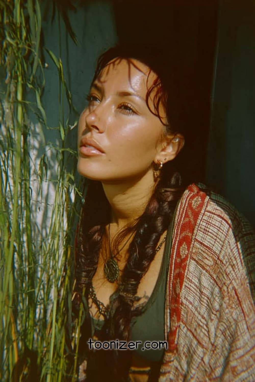 Woman with braids in patterned shawl, sunlit face