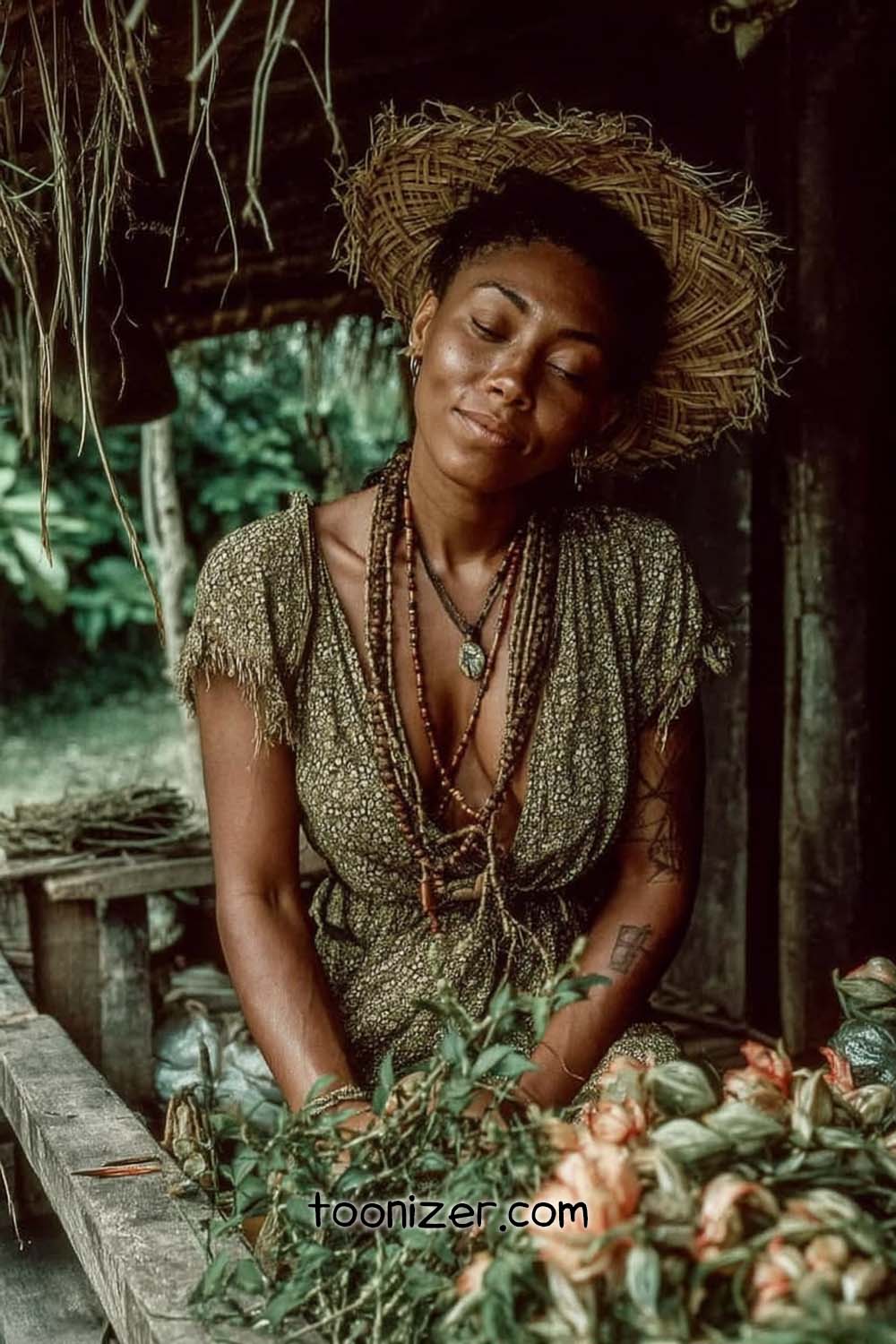 Person with straw hat sitting by flowers outdoors.