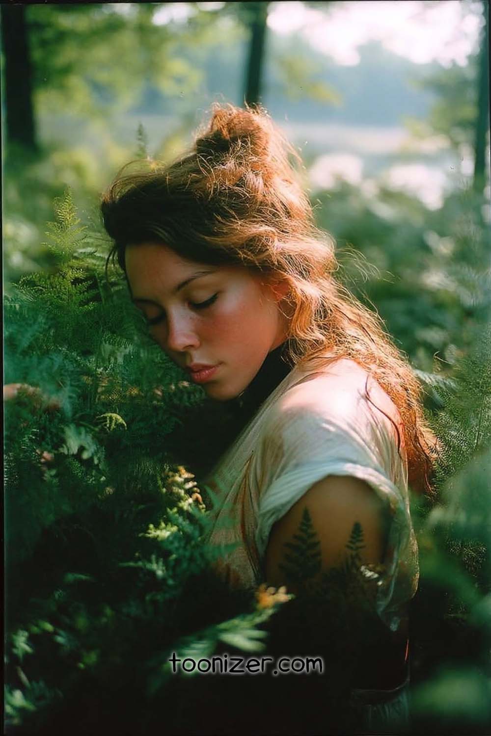 Woman peacefully resting among green ferns in forest.