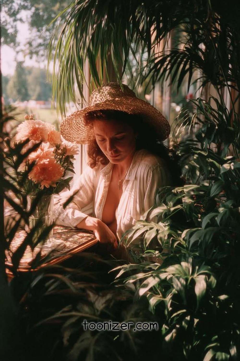 Woman in sun hat surrounded by lush plants.