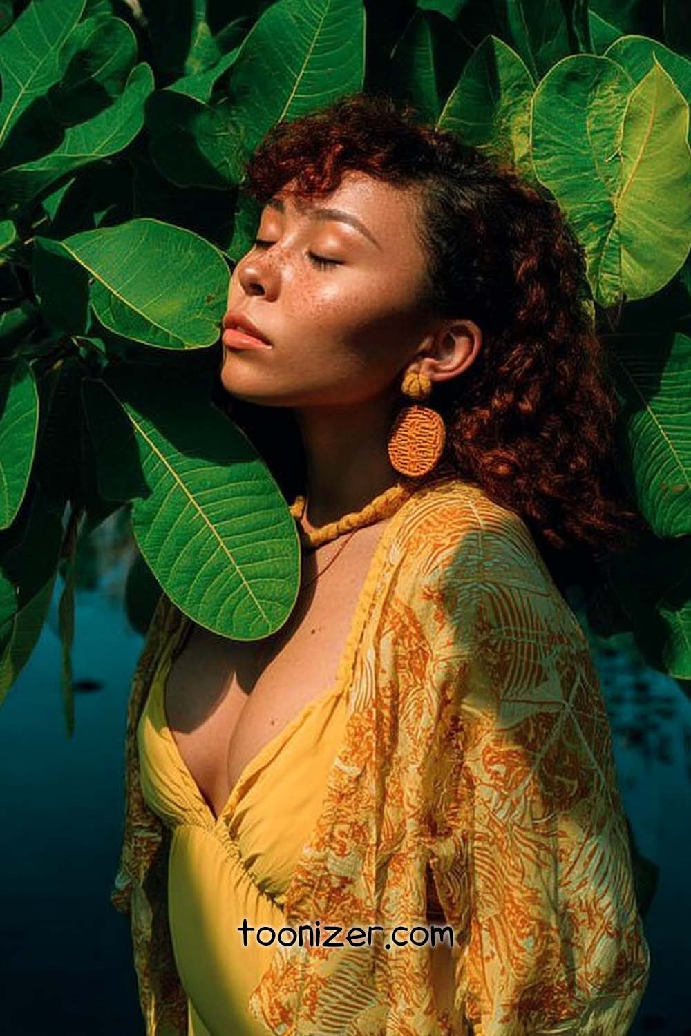 Woman in tropical attire with green leaves background.