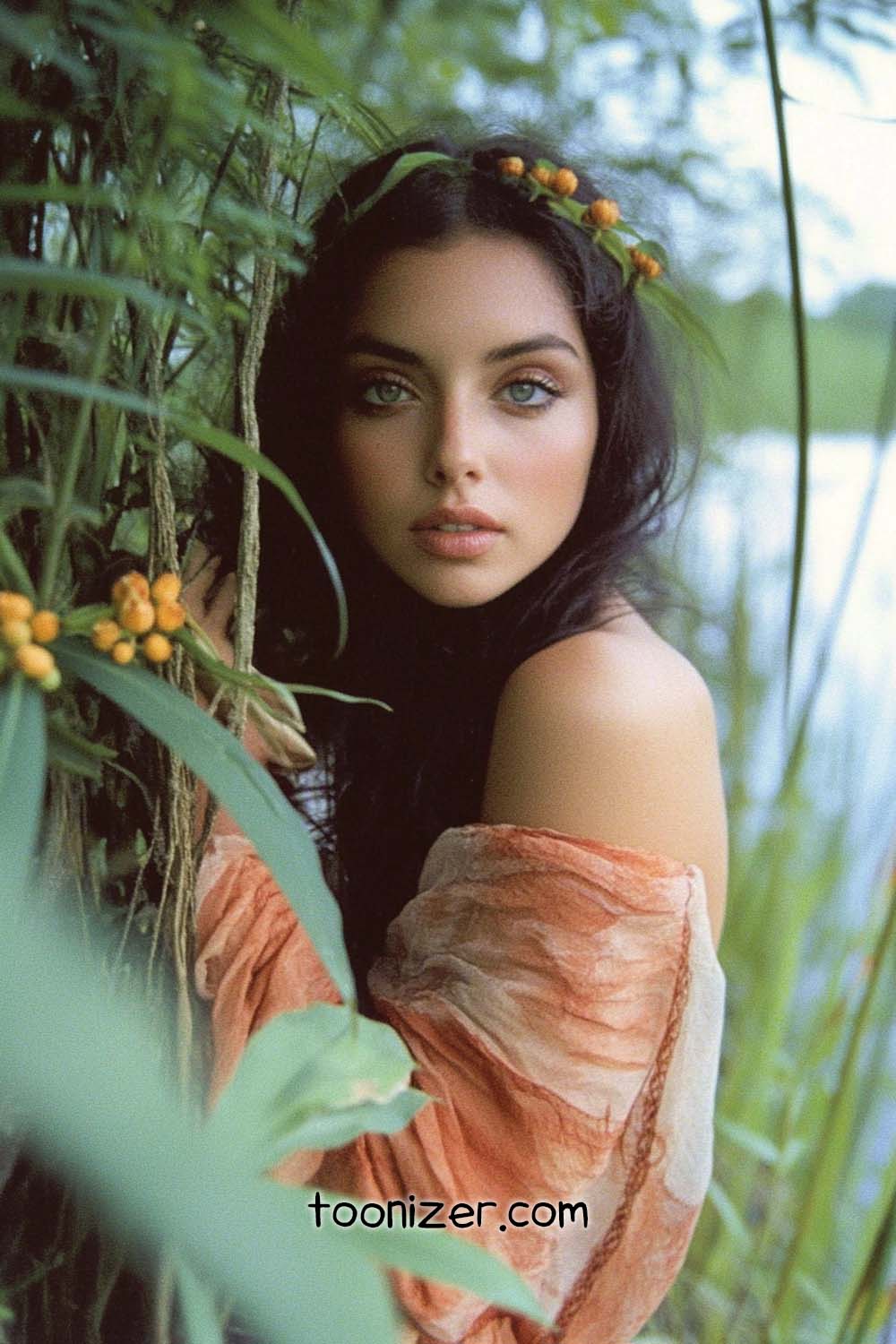 Woman with flower crown in natural setting