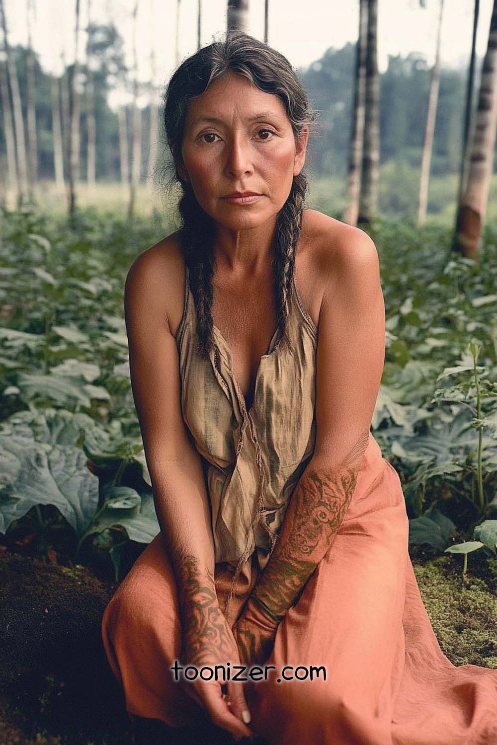 Woman with tattoos seated in a forest