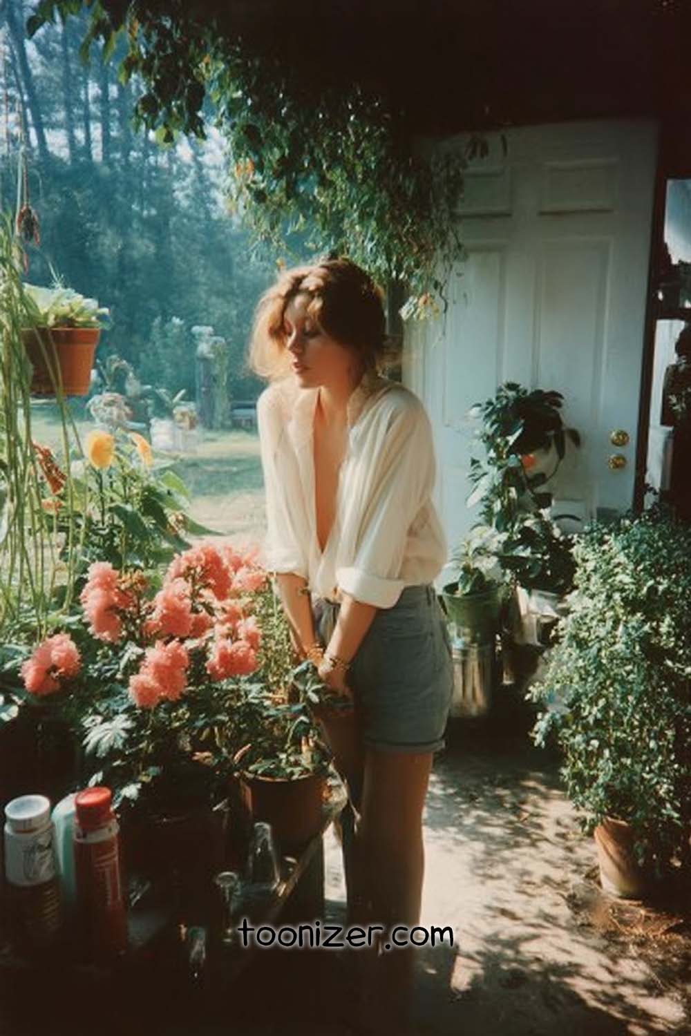 Woman in garden with pink flowers, sunlight streaming.