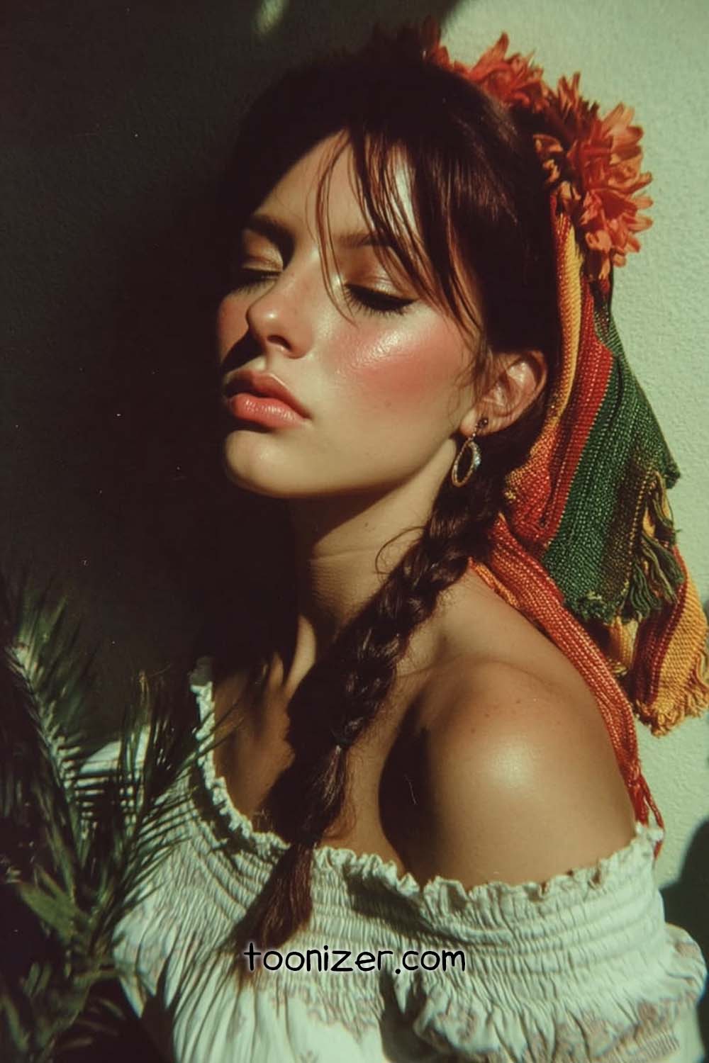 Woman with braid and colorful headscarf in sunlight.