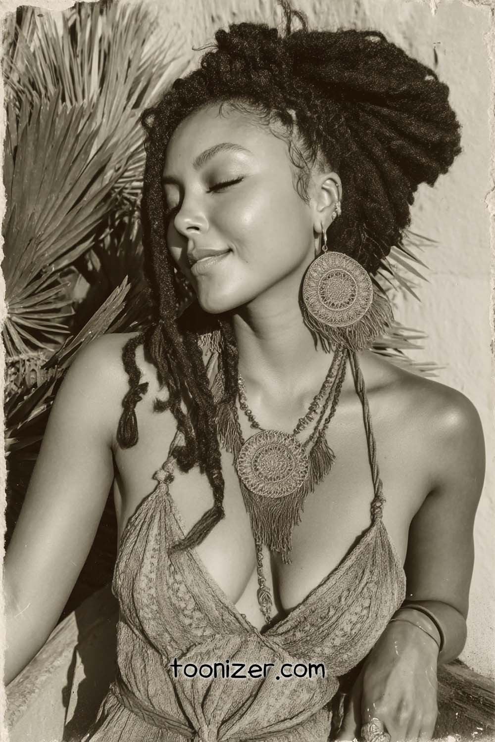 Woman wearing crochet earrings and dress outdoors.