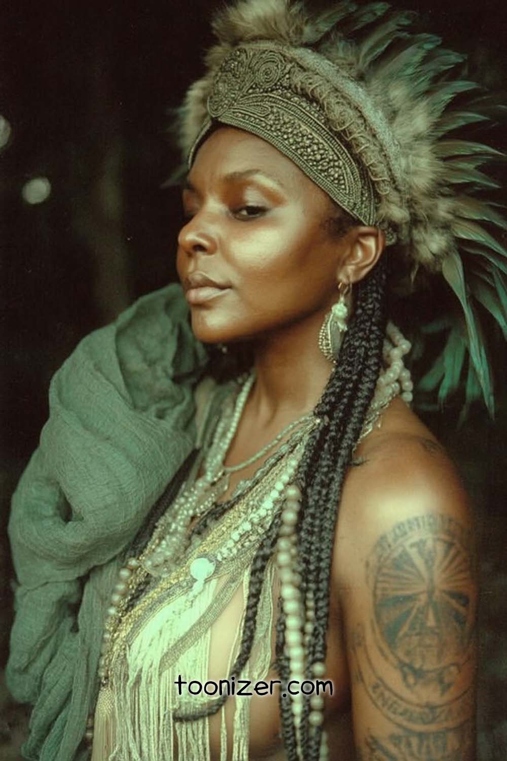 Woman wearing ornate feather headdress and jewelry