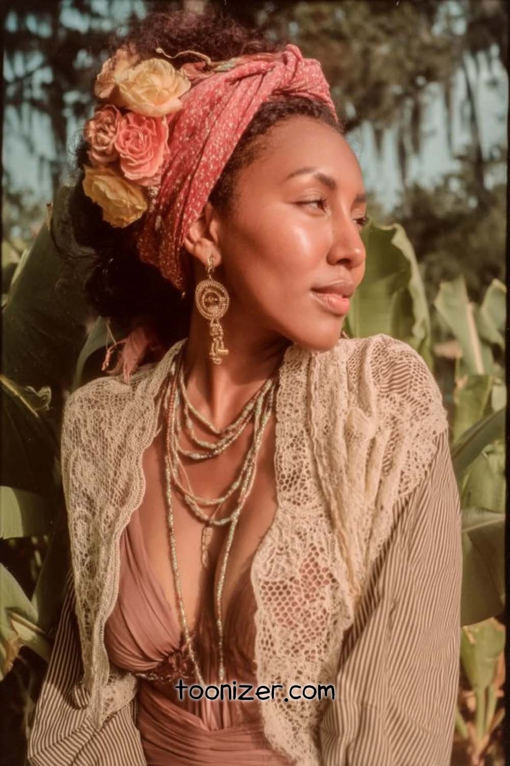 Woman in floral headscarf and lace top outdoors.
