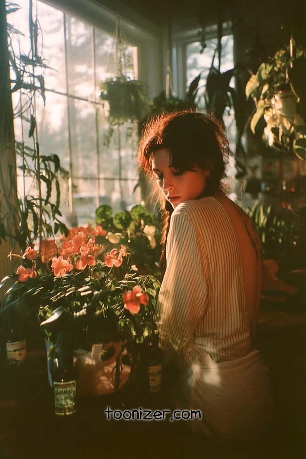 Woman in sunlit room with flowers and plants.