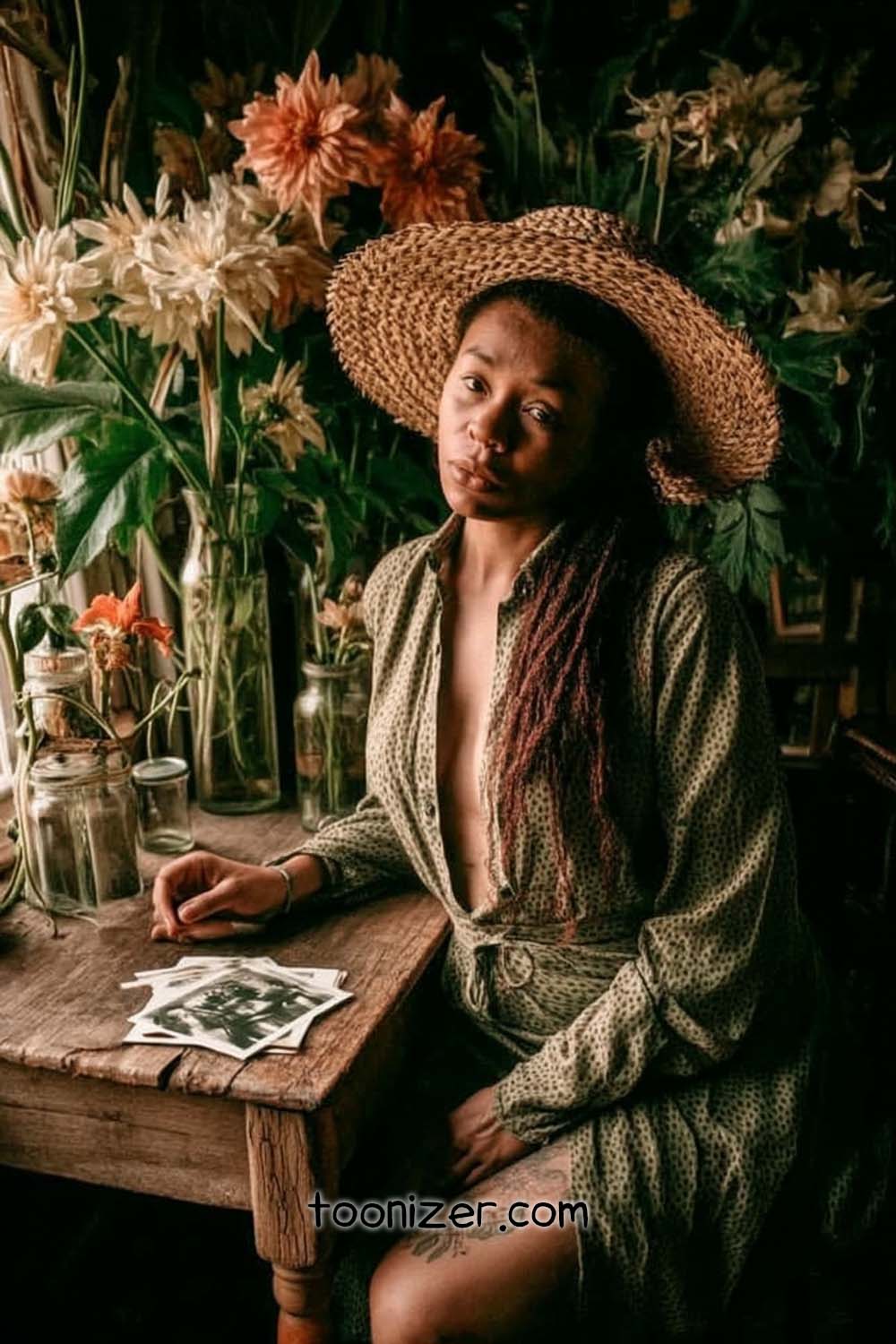 Woman with hat seated near flowers and photos.