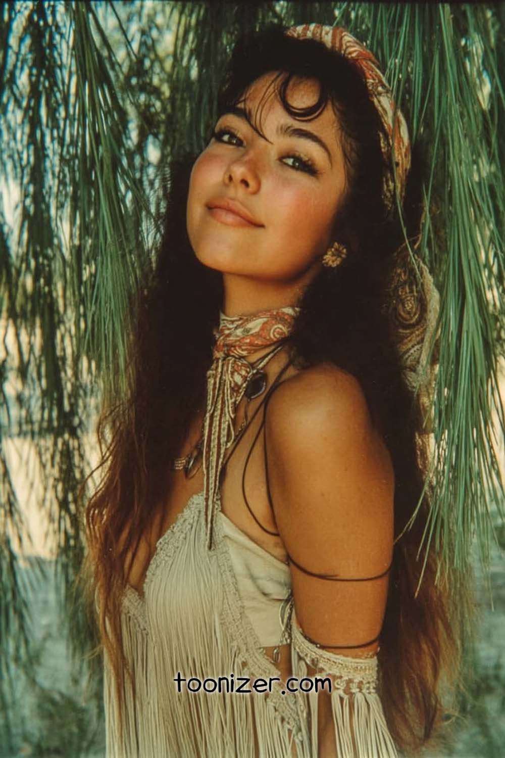 Woman in bohemian attire under pine branches.