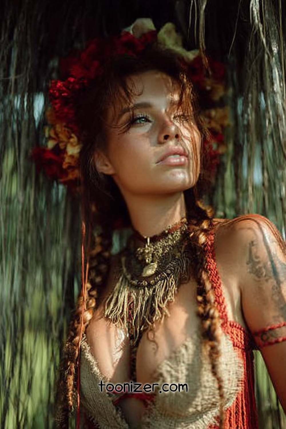 Woman with braid, tribal outfit under thatched roof.