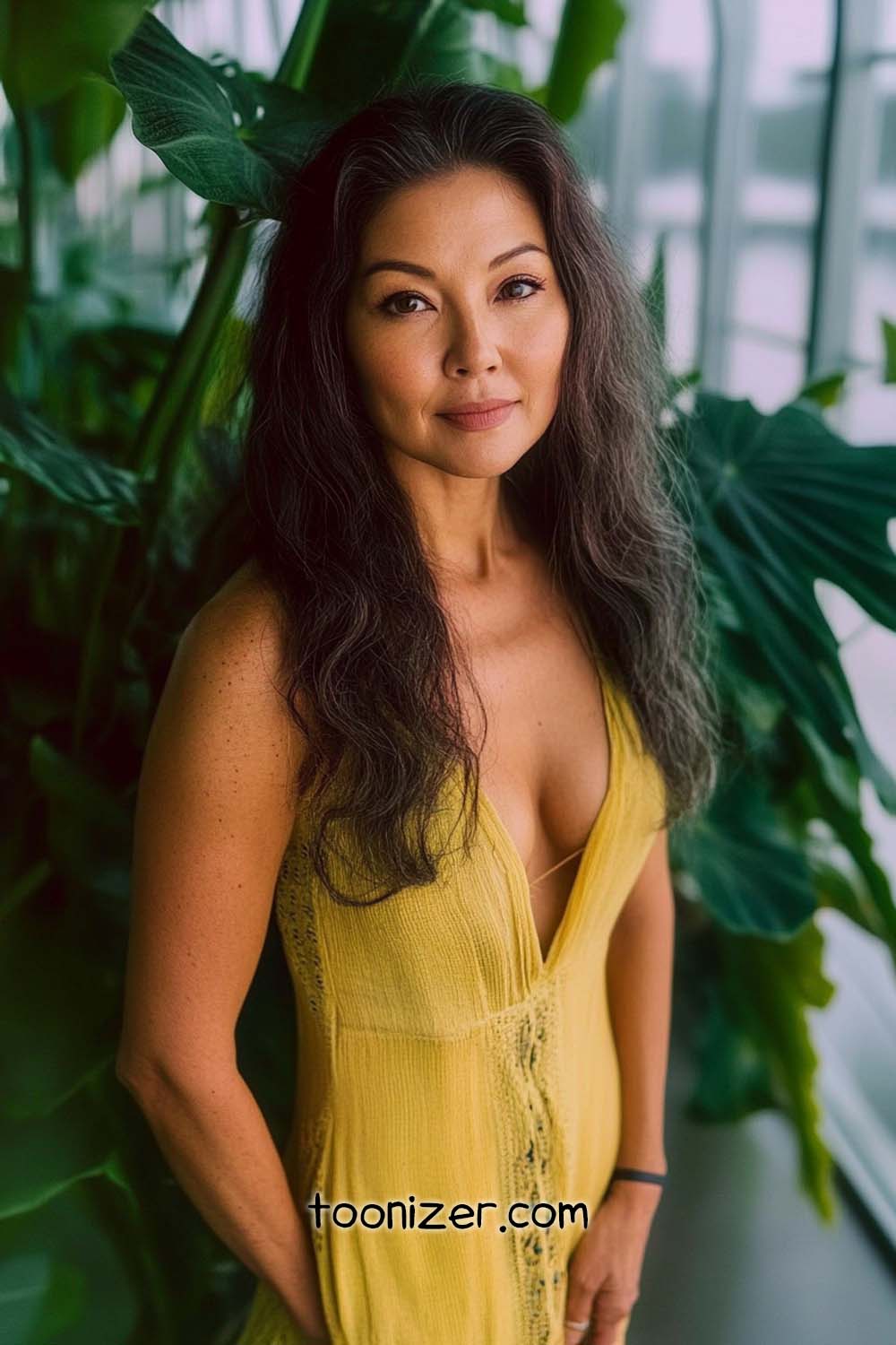 Woman in yellow dress near green plants indoors