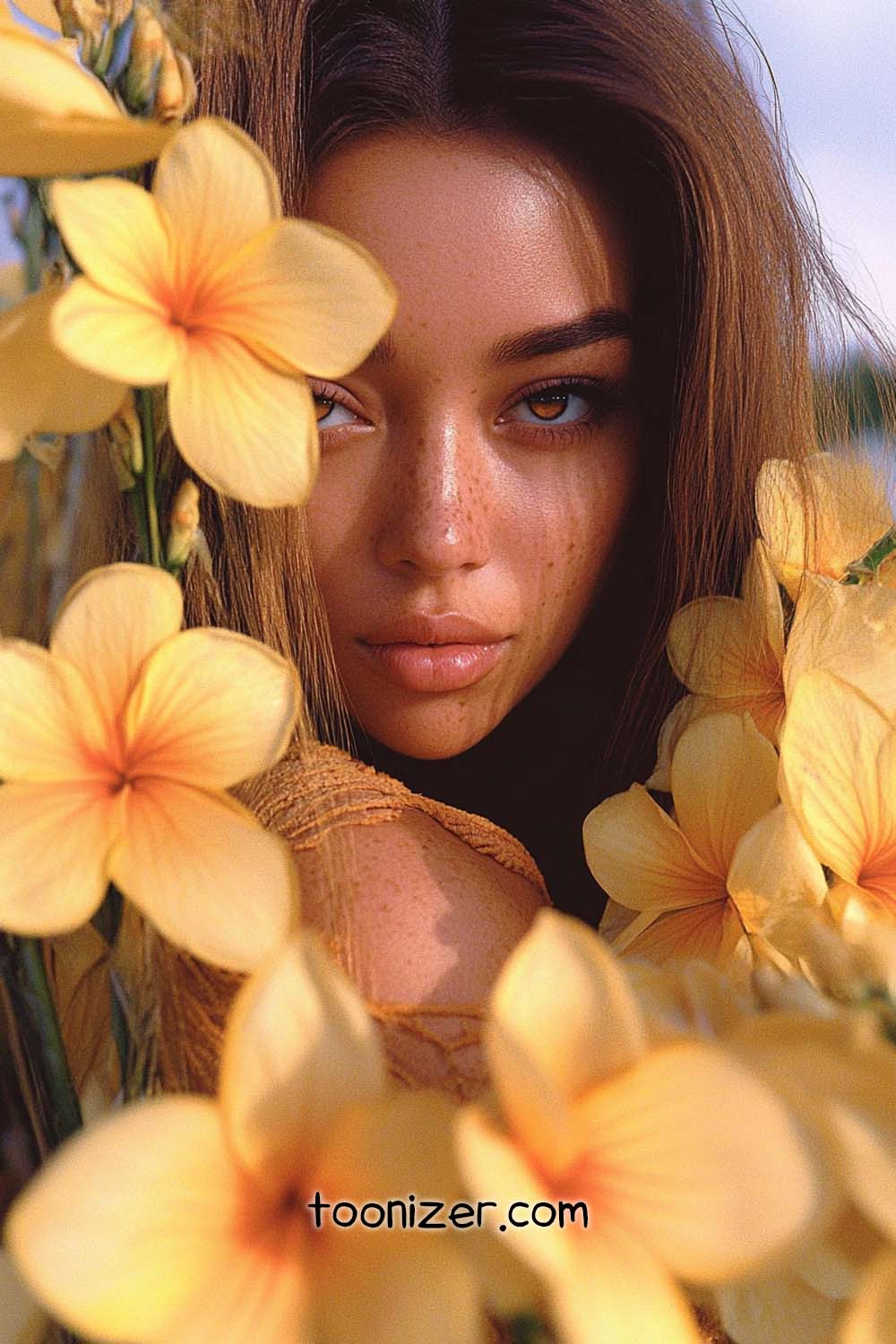 Woman surrounded by yellow flowers outdoors.