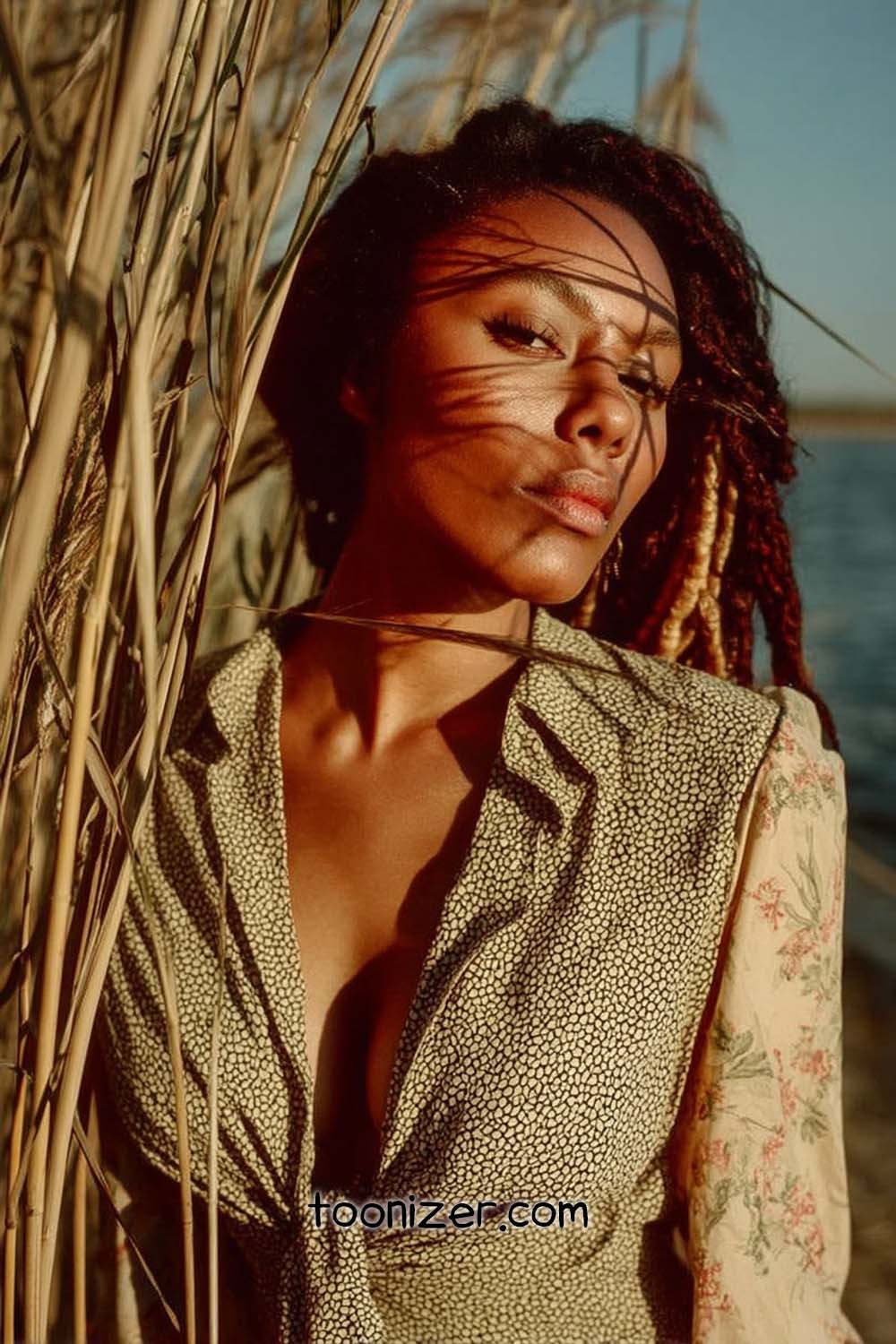 Woman standing among tall grasses by a lake.