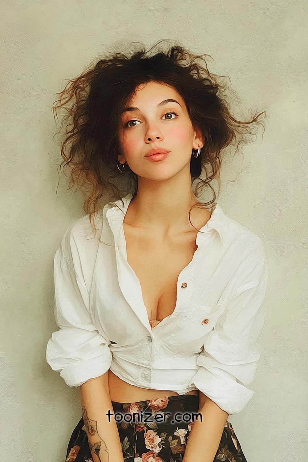 Stylized image of woman in white blouse and floral skirt.