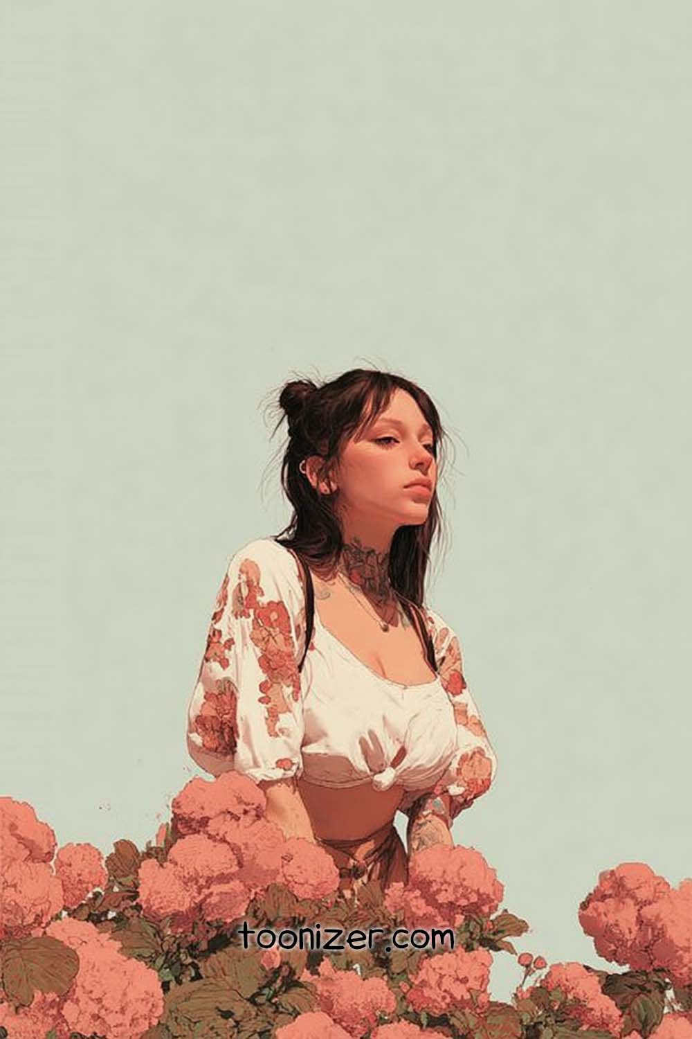 Illustrated woman standing among pink flowers