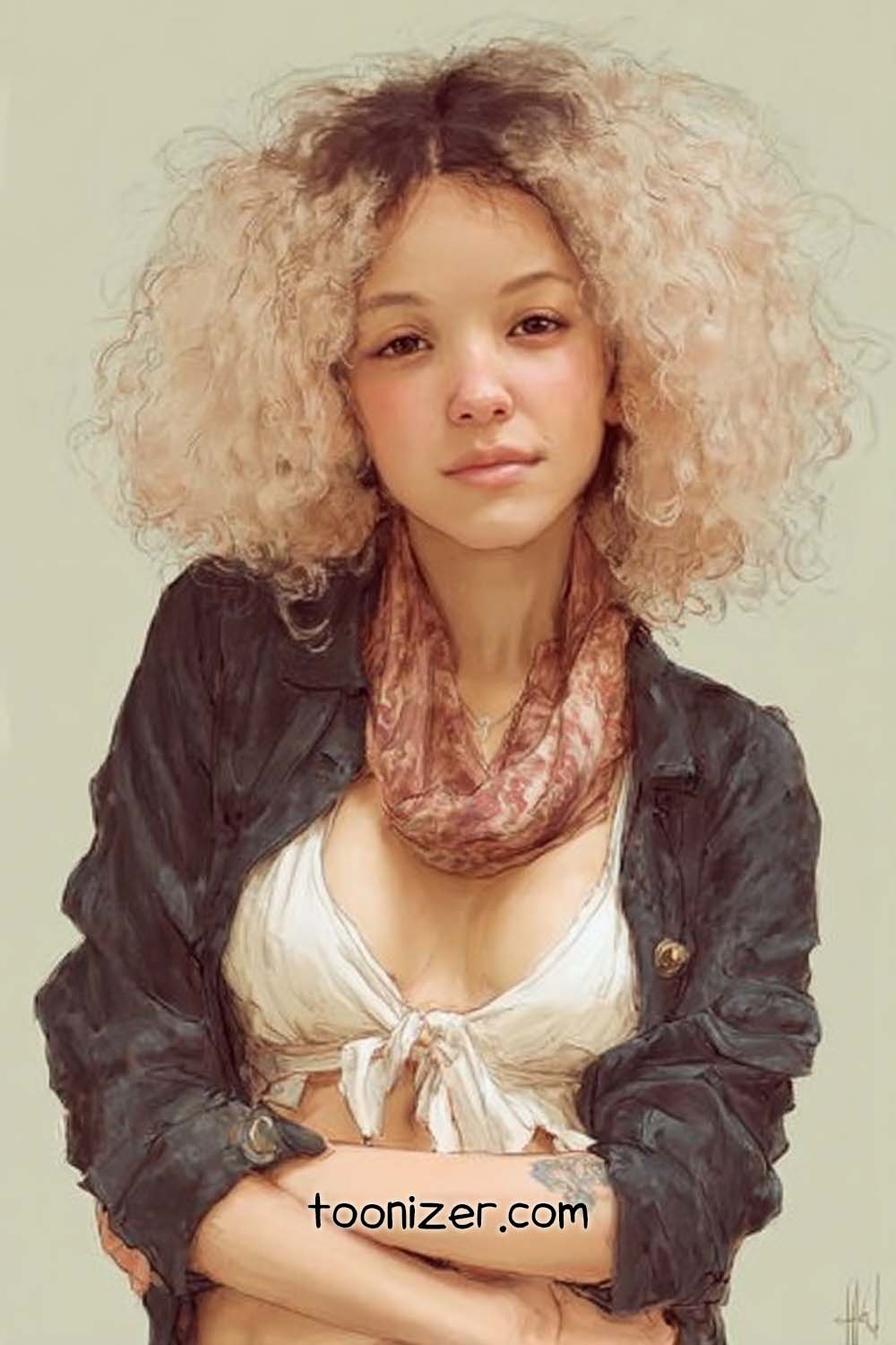Illustrated woman with curly hair and scarf.