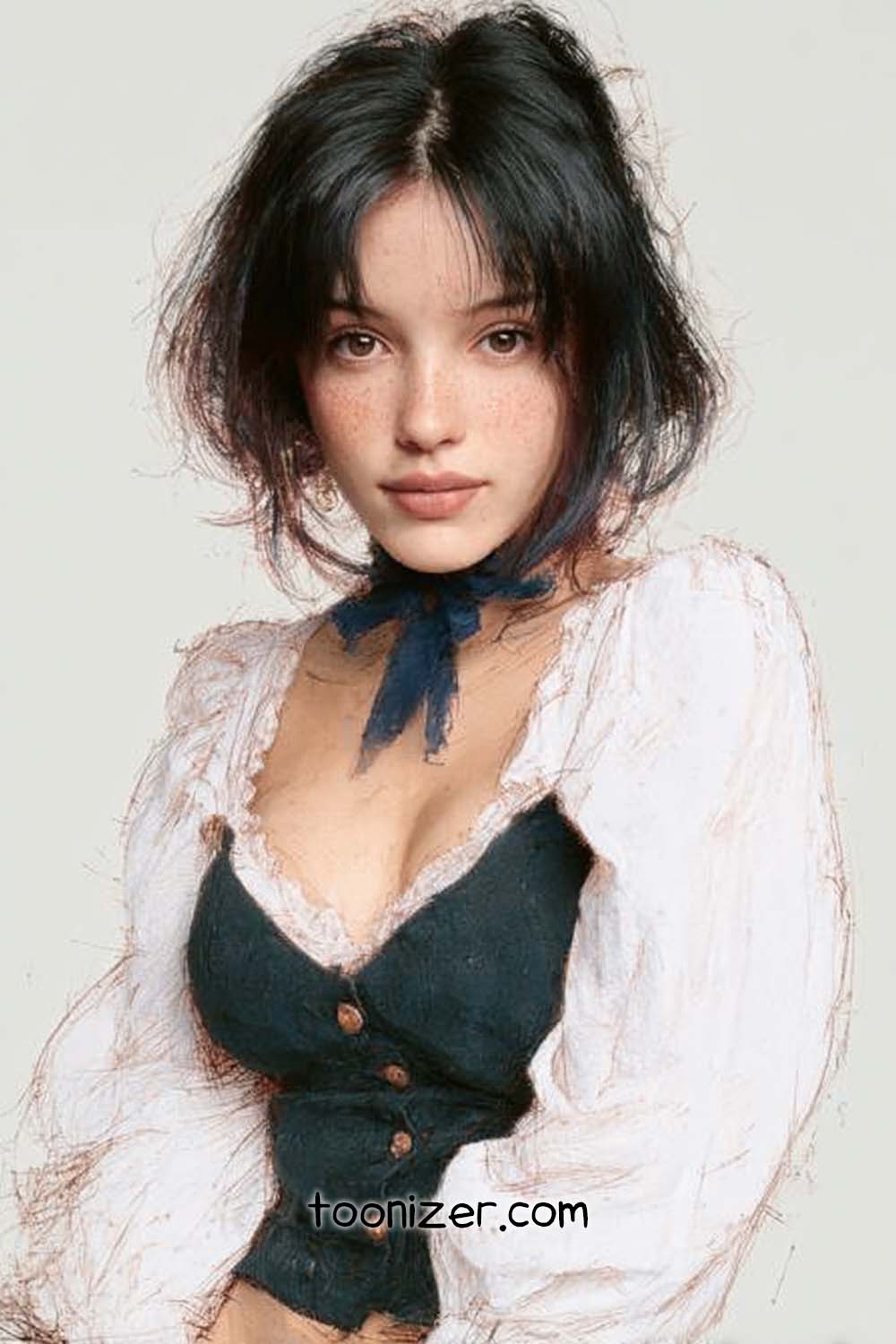 Illustrated woman with dark hair and blue scarf.