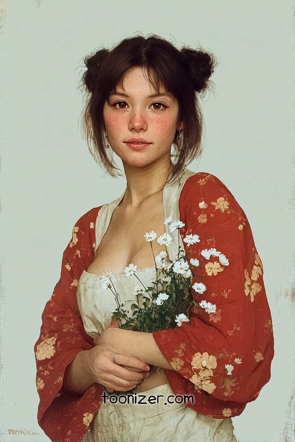 Portrait of a woman holding white flowers.