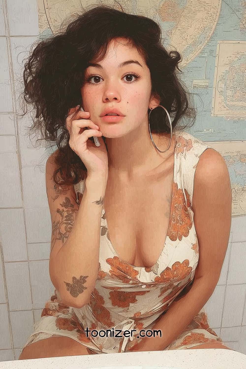 Woman with floral dress and curly hair, cartoon style