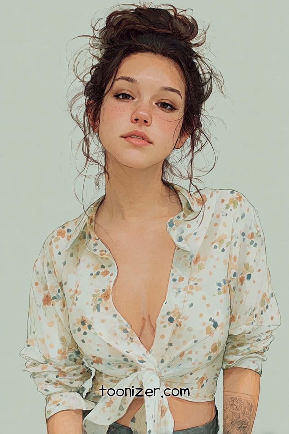 Illustrated woman with floral blouse, styled hair.