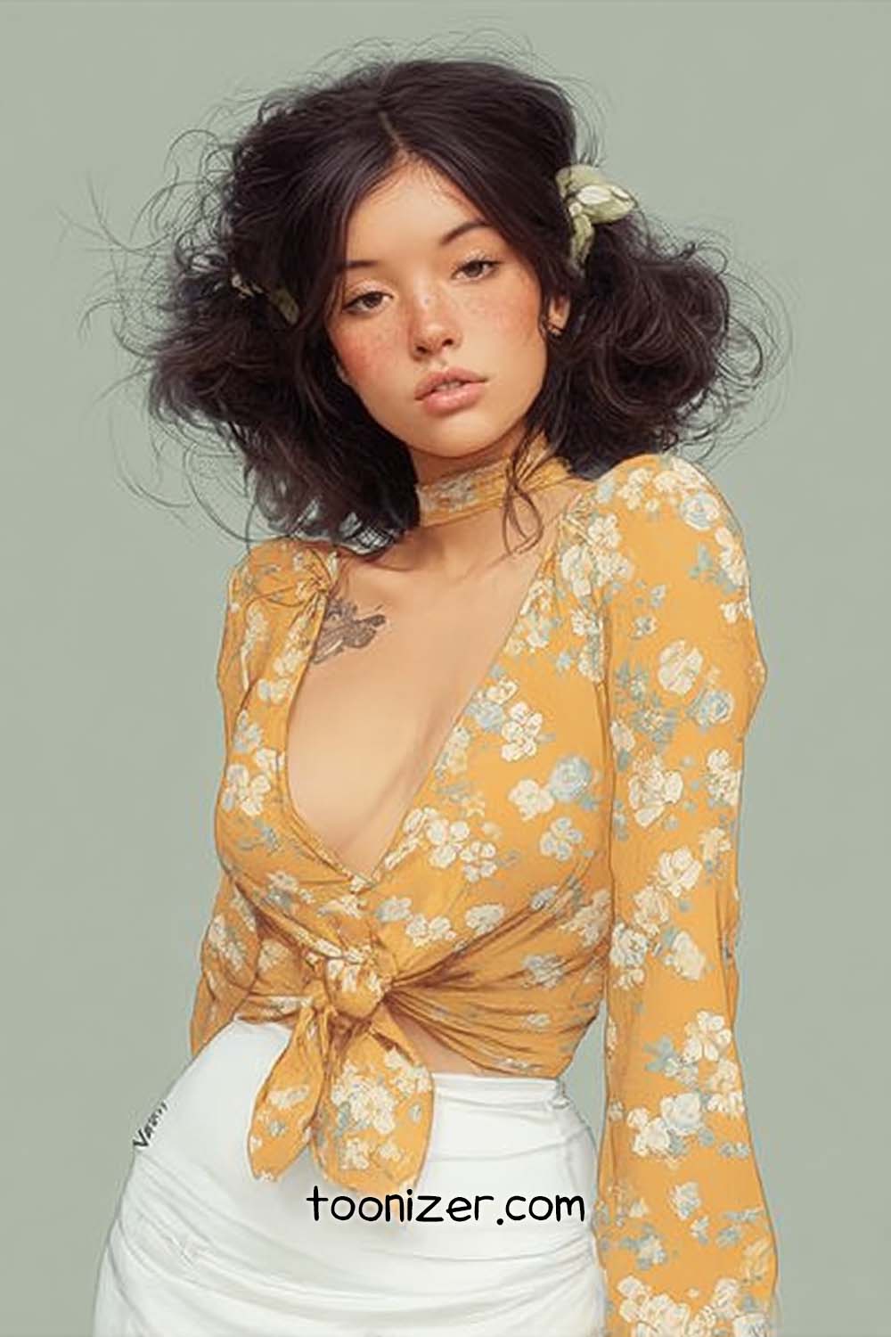 Woman in floral yellow blouse, modern hairstyle