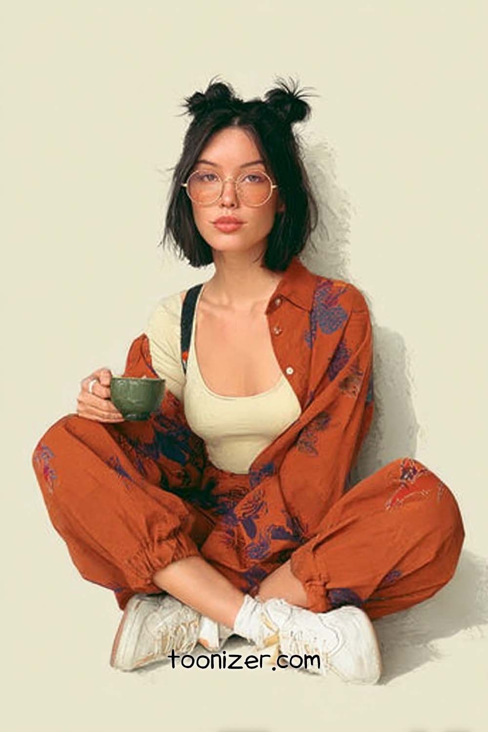 Woman sitting with cup, wearing orange outfit.