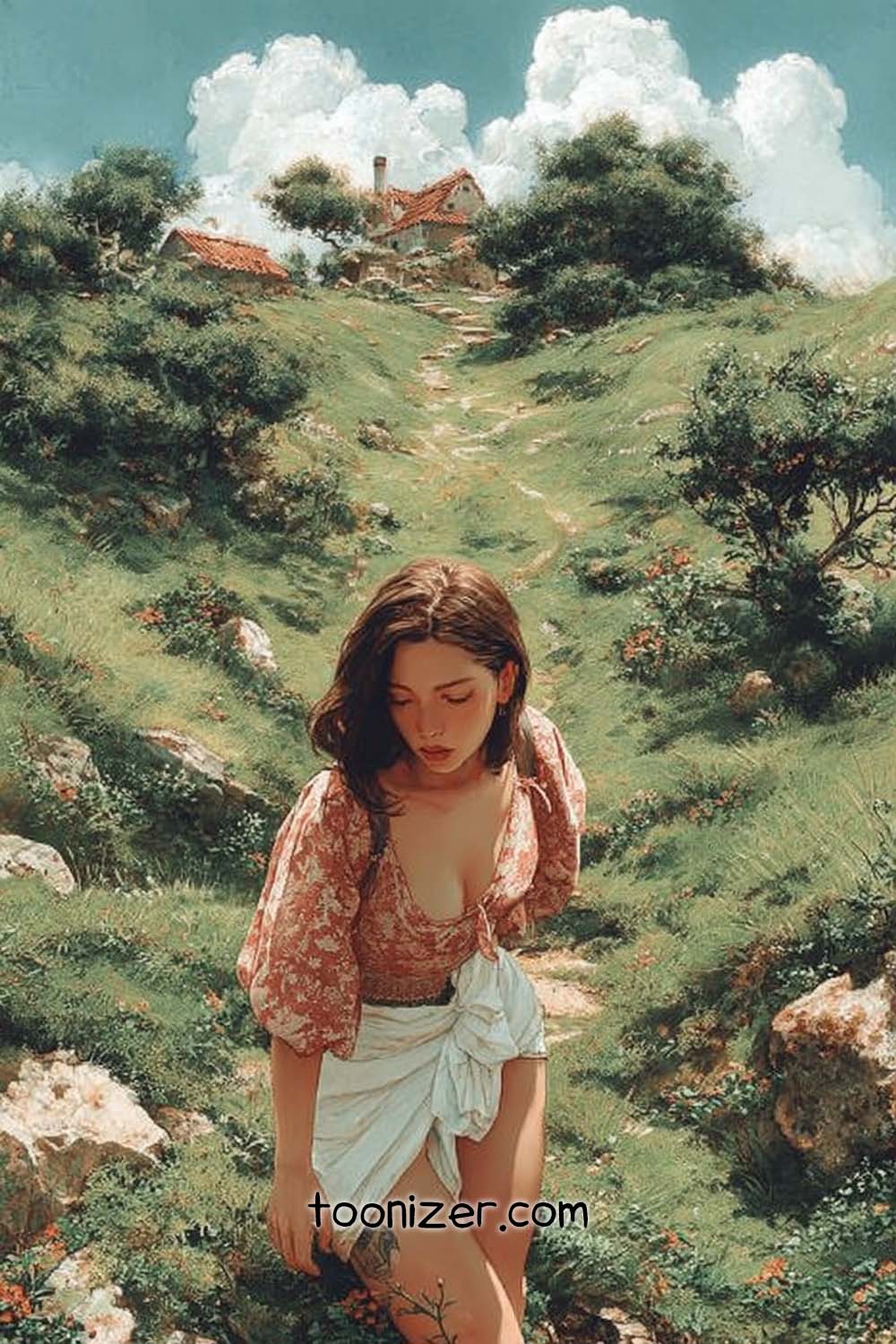 Woman walking in lush countryside landscape.