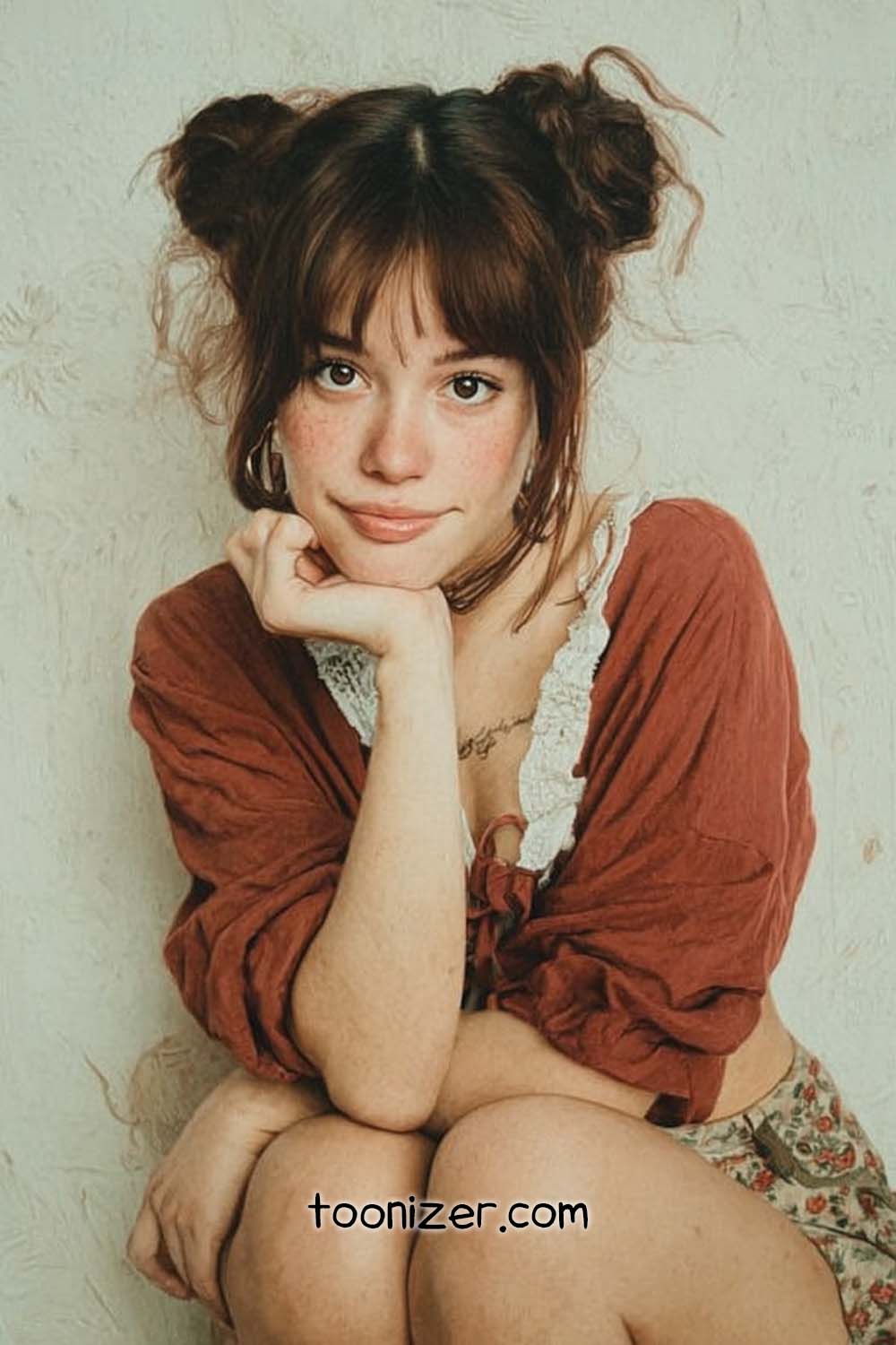 Woman with red shirt and styled hair