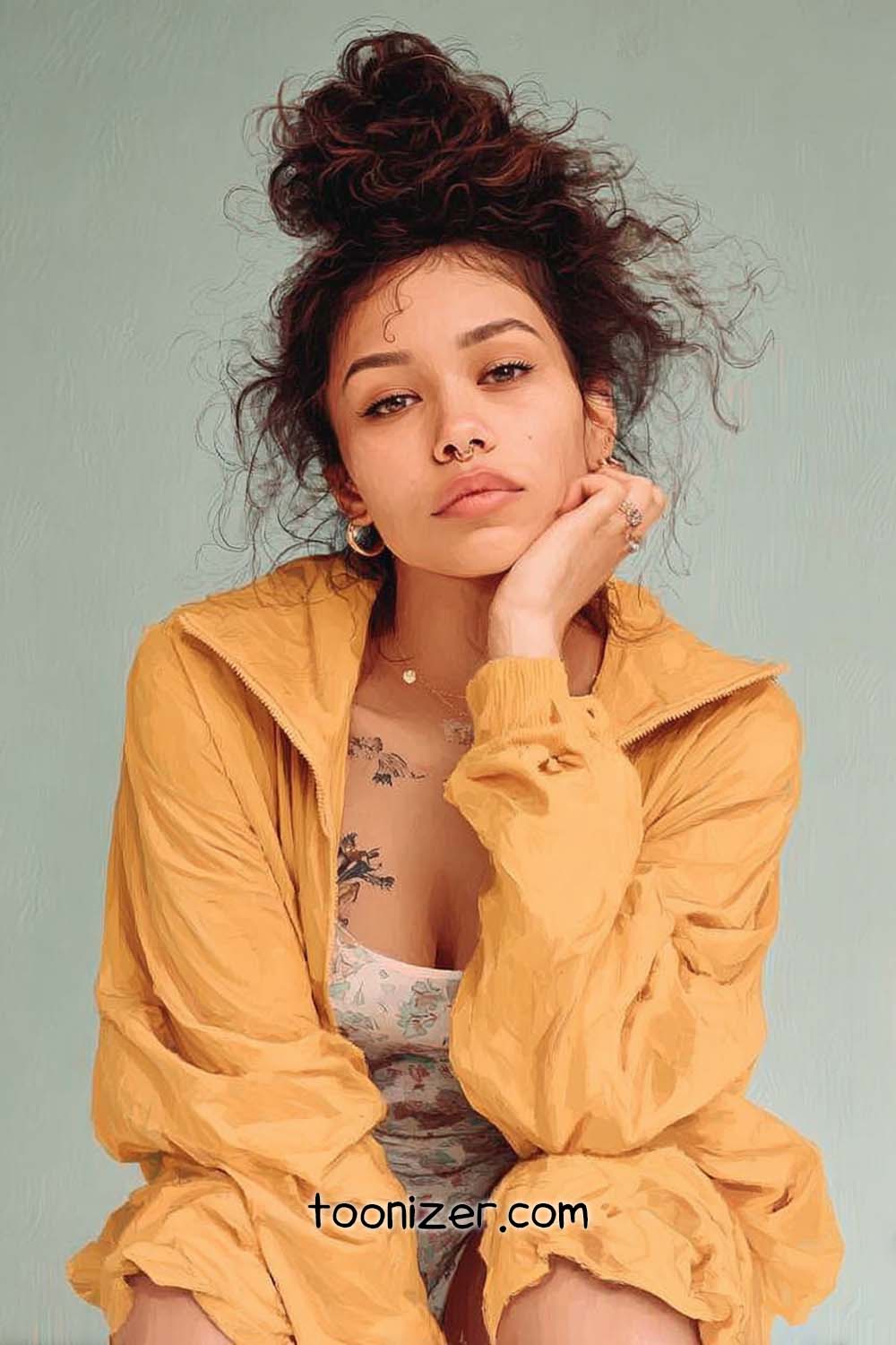 Person in yellow jacket with tattoos, thoughtful expression.