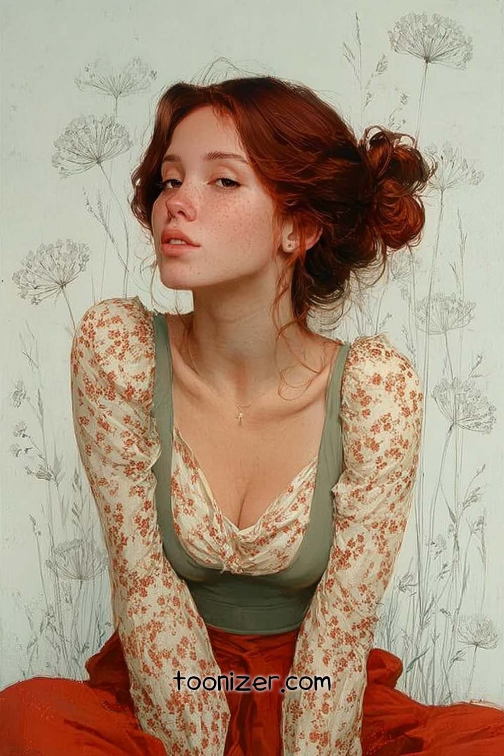 Woman in floral dress with bun hairstyle