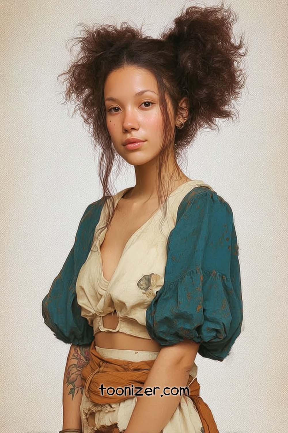 Woman with curly hair, wearing vintage outfit.