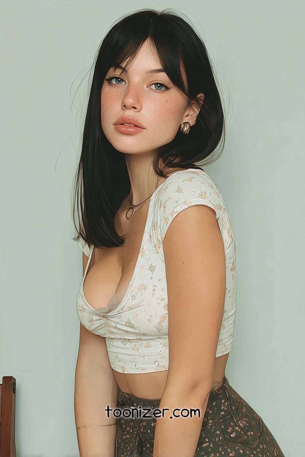 Digital artwork of woman in floral top.