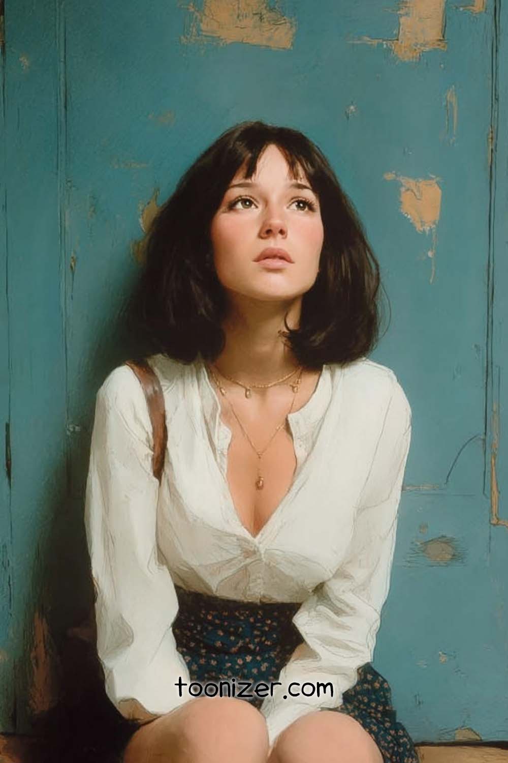 Woman sitting in front of worn blue door.