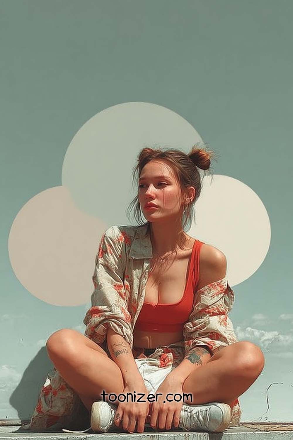 Woman sitting against stylish painted backdrop